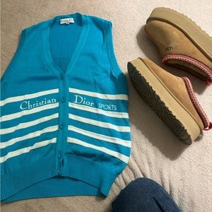 Vintage Christian Dior cardigan blue and white stripes perf for Spring